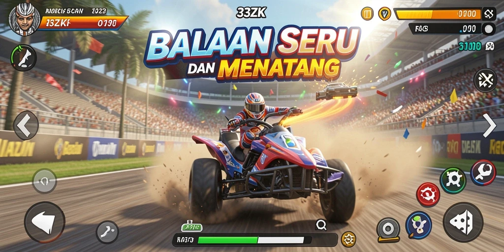 Gameplay seru 33ZK dengan mobil balap cepat di lintasan.