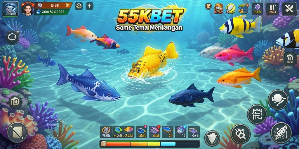 Tampilan gameplay 55KBET dengan aksi menembak ikan yang seru.