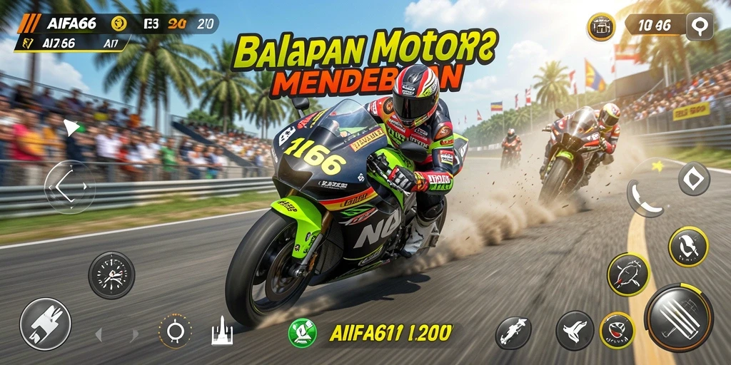 Tampilan gameplay AIFA66 yang penuh aksi balapan motor.