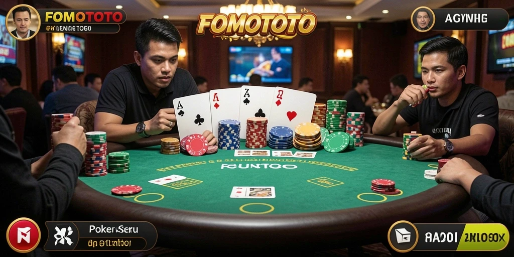 Screenshot gameplay FOMOTOTO menampilkan aksi seru permainan poker.