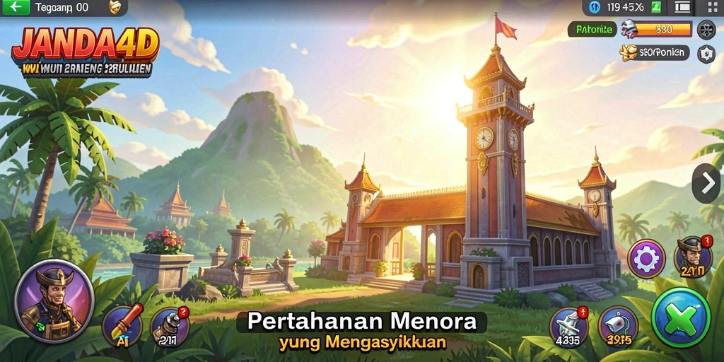 Tampilan gameplay JANDA4D dengan menara yang melindungi basis dari serangan musuh.