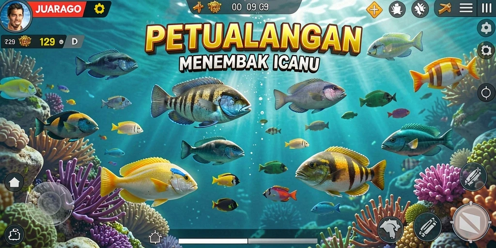 Screenshot gameplay JUARAGO yang menunjukkan aksi menembak ikan.