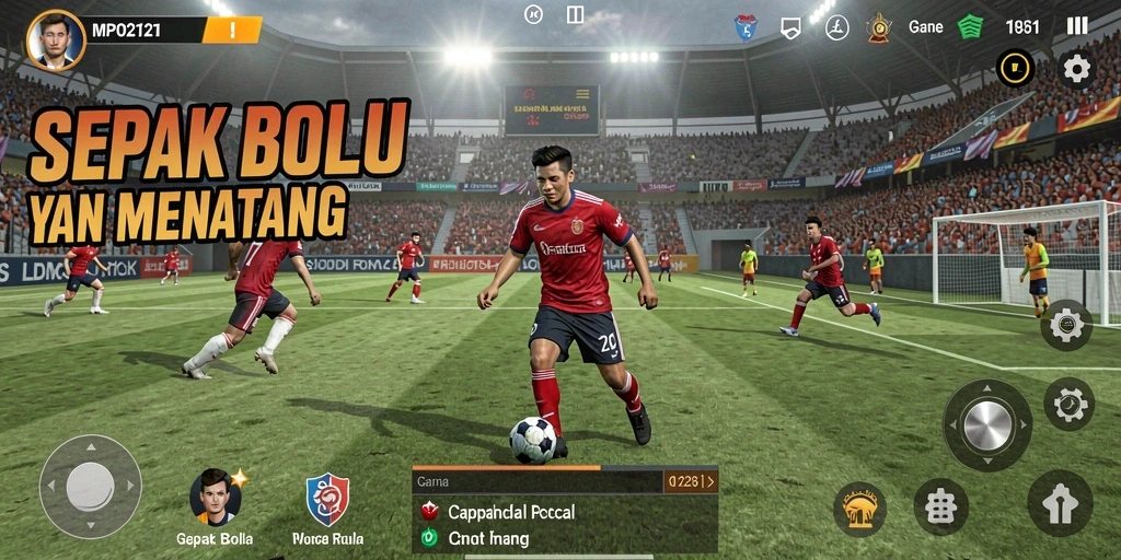 Tampilan gameplay seru di MPO2121, menampilkan aksi sepak bola luar biasa.