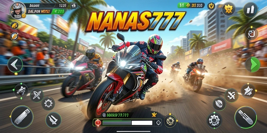 Gameplay seru NANAS777 dengan balapan motor yang mendebarkan.