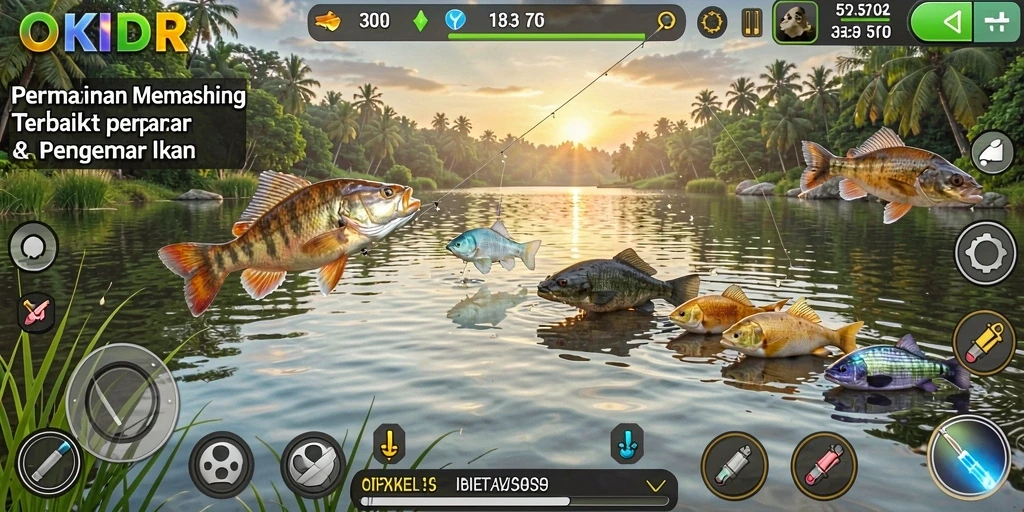 Tampilan gameplay OKIDR dengan pemancing yang fokus menangkap ikan.