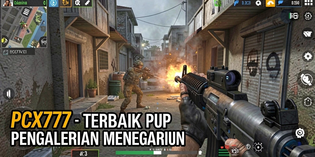 Screenshot utama <strong>PCX777</strong> menunjukkan aksi intens pertempuran FPS.