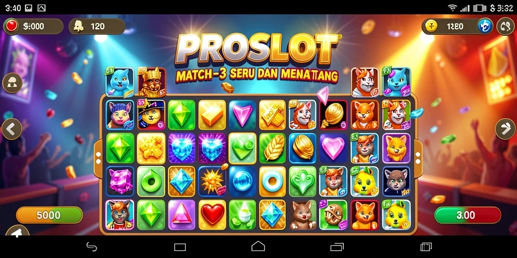 Screenshot gameplay PROSLOT dengan tantangan Match-3 yang mengasyikkan.