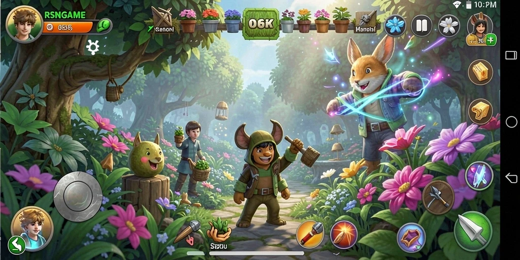 Tampilan gameplay RSNGAME dengan kebun yang indah dan tanaman berwarna-warni.