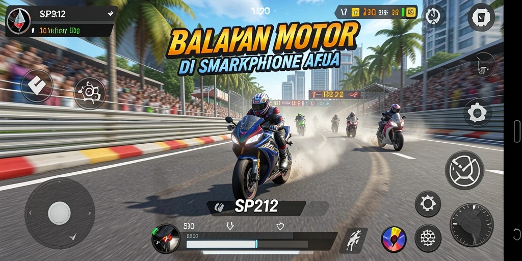 Tangkapan layar gameplay SP212 yang menampilkan balapan motor yang seru.