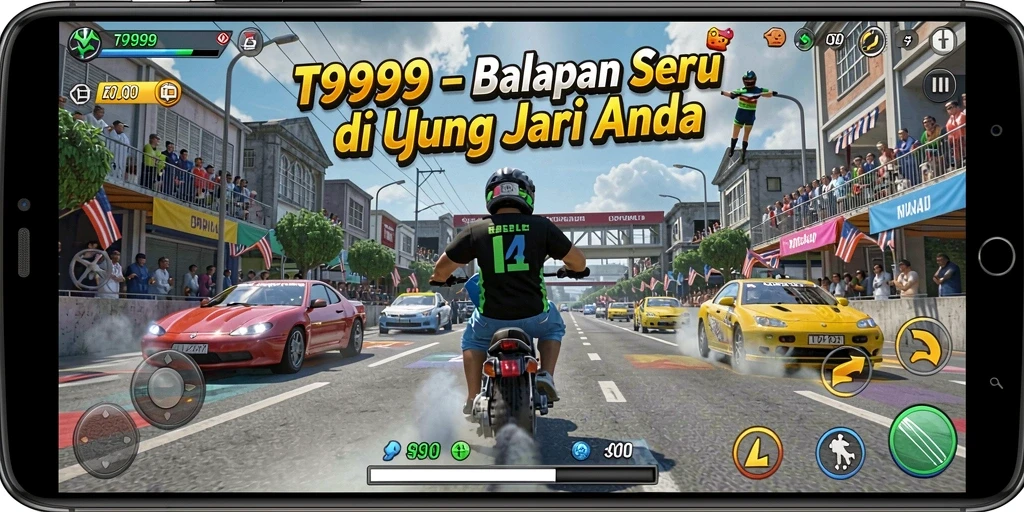 Tangkapan layar menampilkan aksi balapan seru di T9999 dengan mobil berkualitas tinggi.