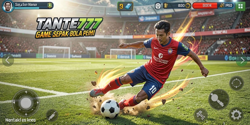 Screenshot gameplay TANTE777 menampilkan aksi seru pertandingan sepak bola.
