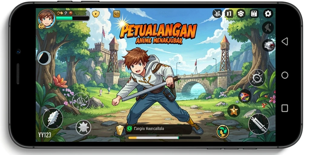 Tampilan gameplay YY123 dengan karakter anime yang mengesankan.